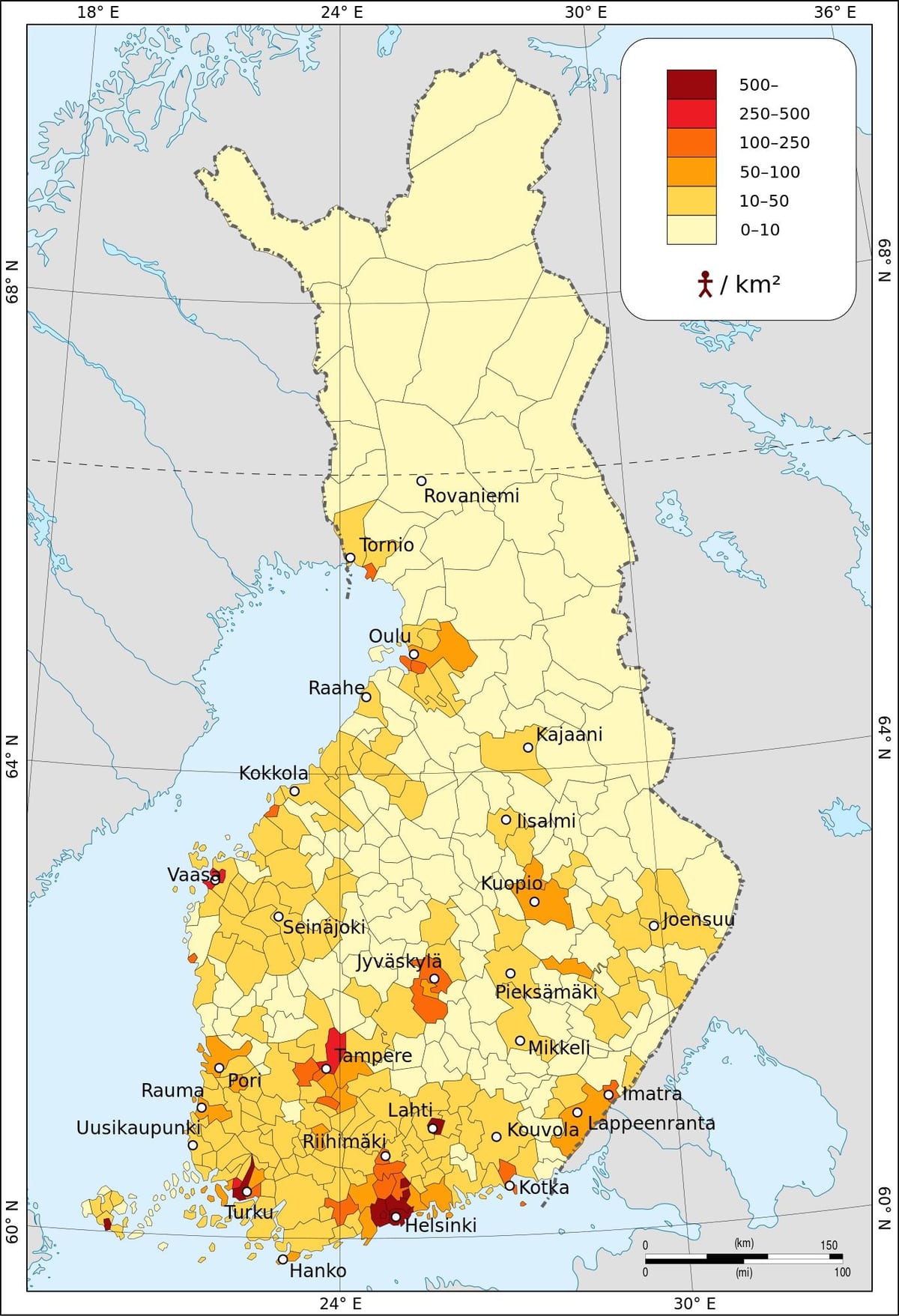 Finlandiako biztanleriaren dentsitatea mapa