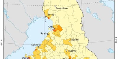 Finlandiako biztanleriaren dentsitatea mapa